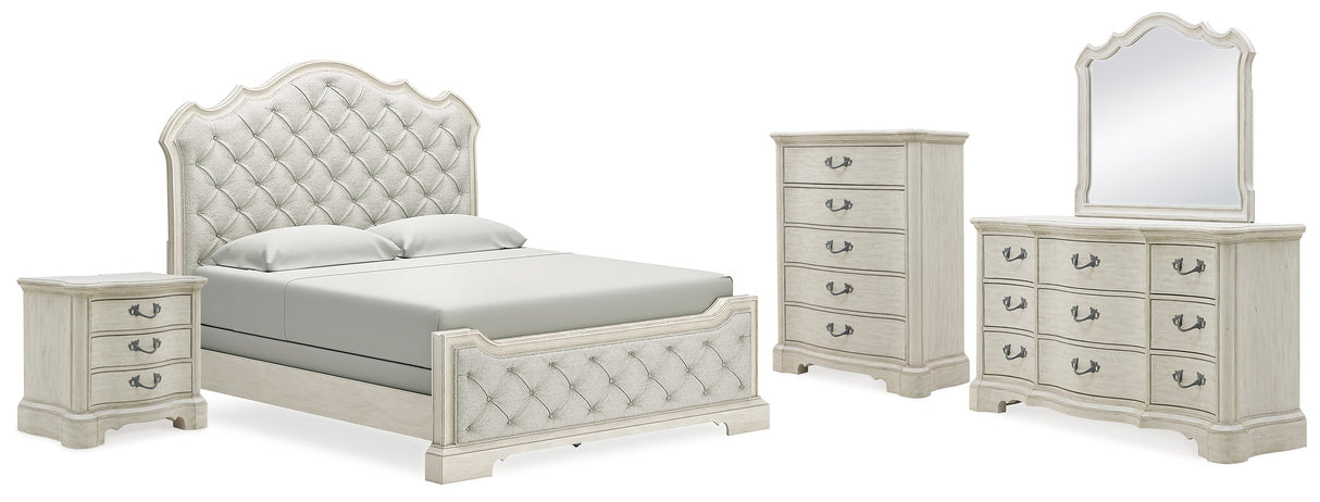 Arlendyne California King Upholstered Bed with Mirrored Dresser, Chest and Nightstand in Antique White