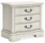 Arlendyne California King Upholstered Bed with Mirrored Dresser, Chest and Nightstand in Antique White