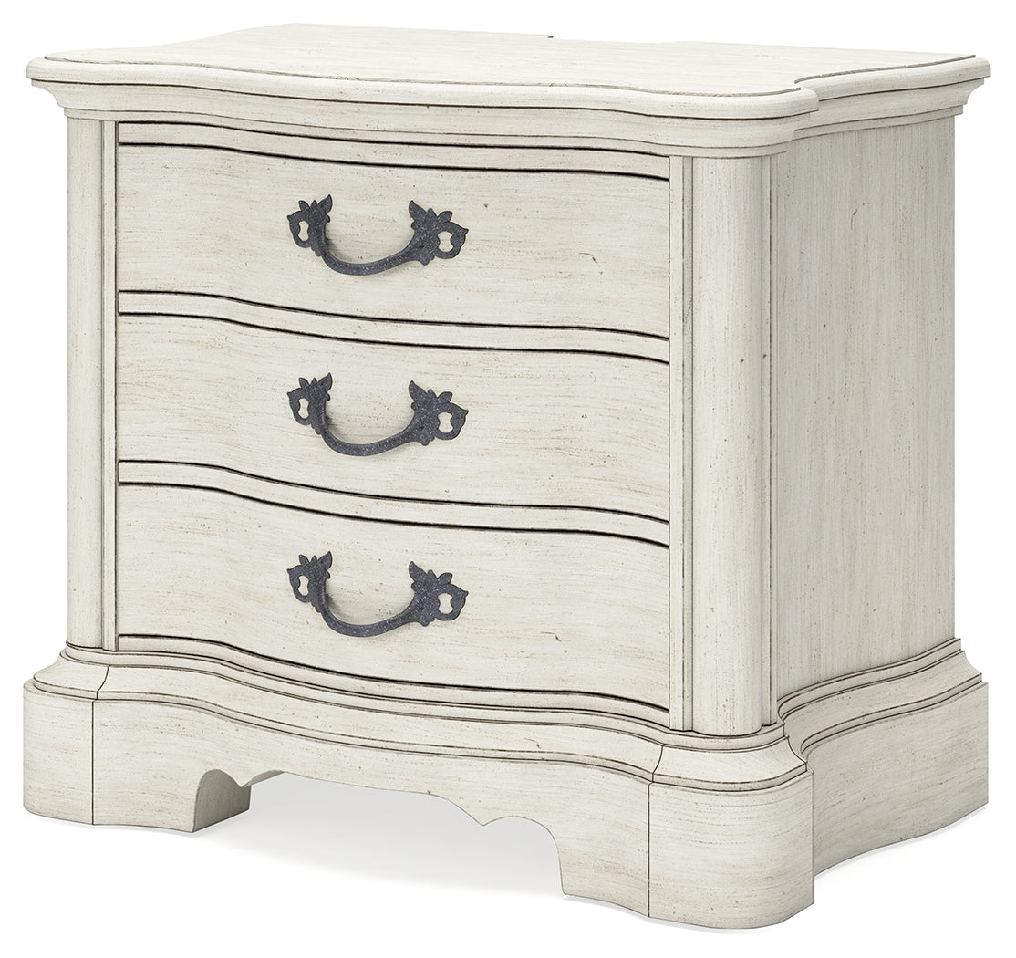 Arlendyne California King Upholstered Bed with Mirrored Dresser, Chest and Nightstand in Antique White