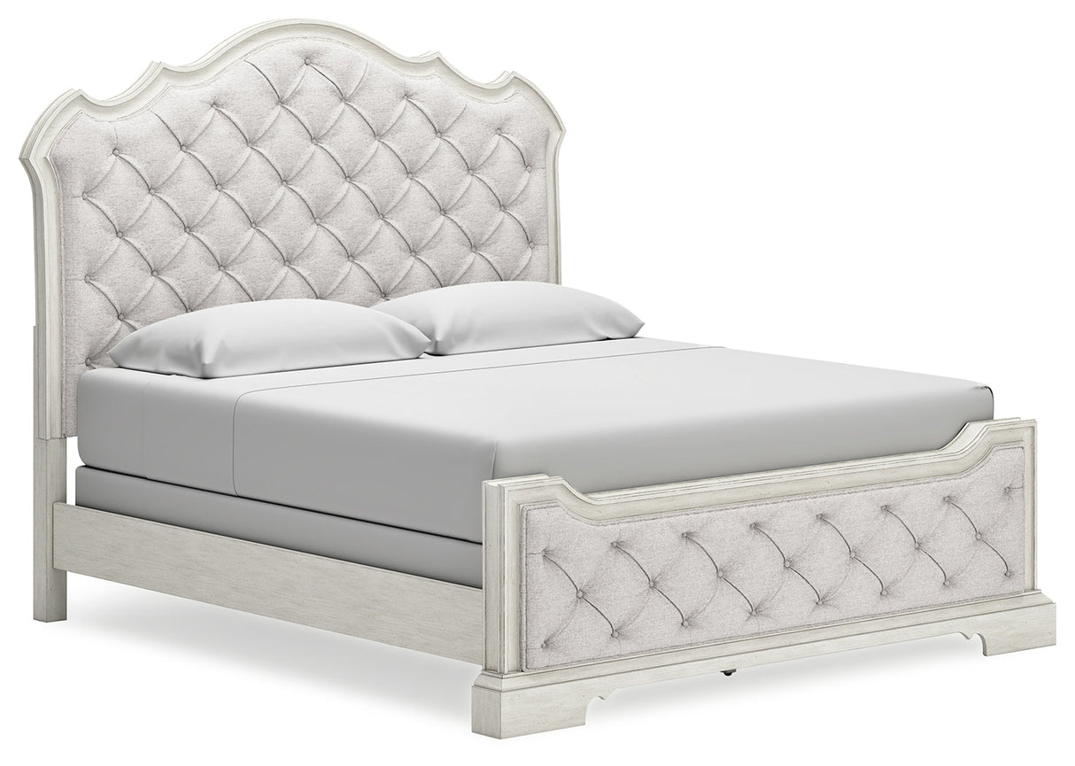 Arlendyne King Upholstered Bed with Mirrored Dresser and 2 Nightstands in Antique White