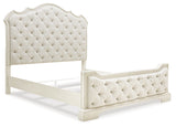 Arlendyne King Upholstered Bed with Mirrored Dresser and 2 Nightstands in Antique White