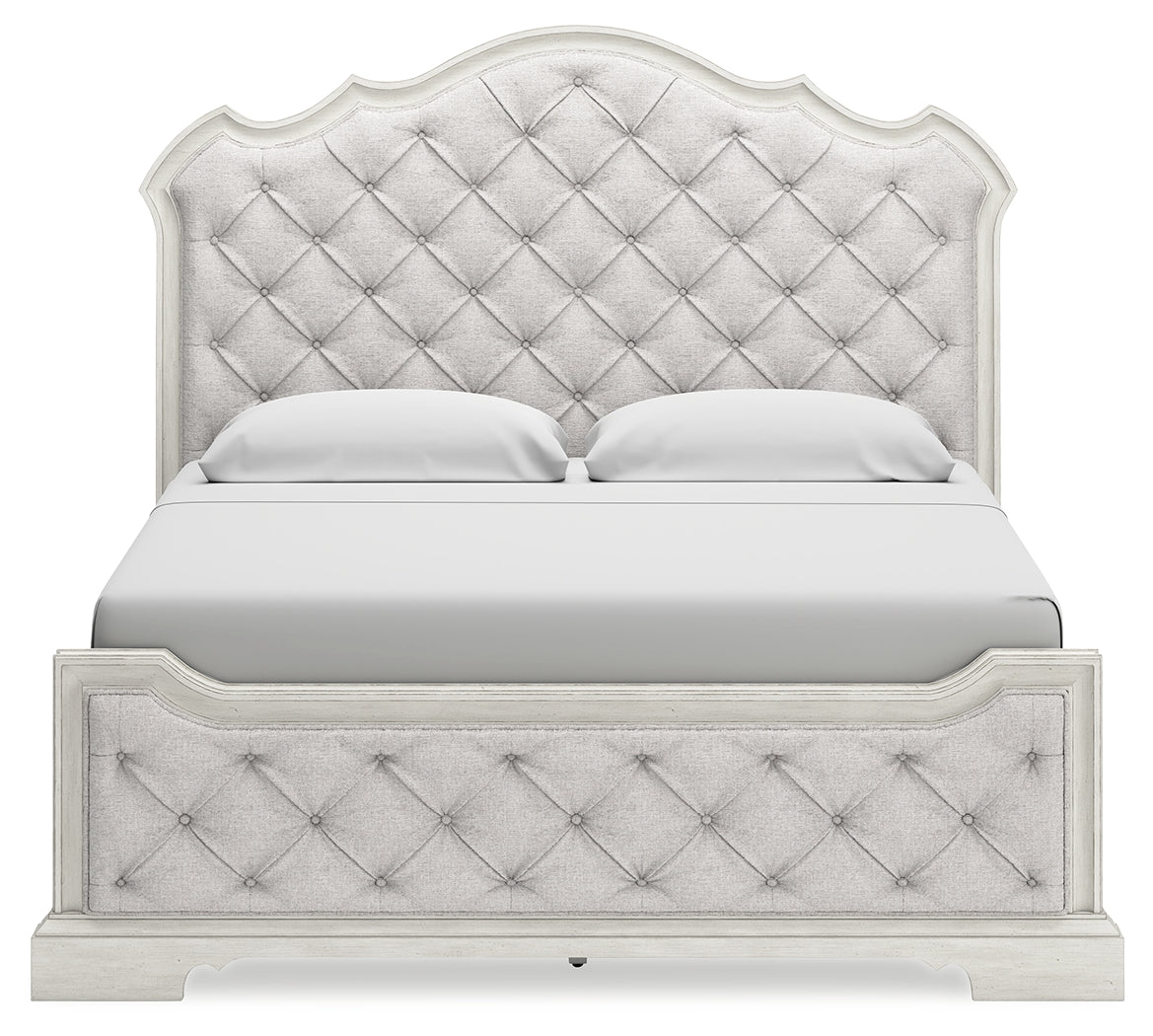 Arlendyne King Upholstered Bed with Mirrored Dresser and 2 Nightstands in Antique White