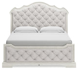 Arlendyne King Upholstered Bed with Mirrored Dresser and 2 Nightstands in Antique White