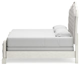 Arlendyne King Upholstered Bed with Mirrored Dresser and 2 Nightstands in Antique White