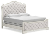 Arlendyne King Upholstered Bed with Mirrored Dresser and Chest in Antique White