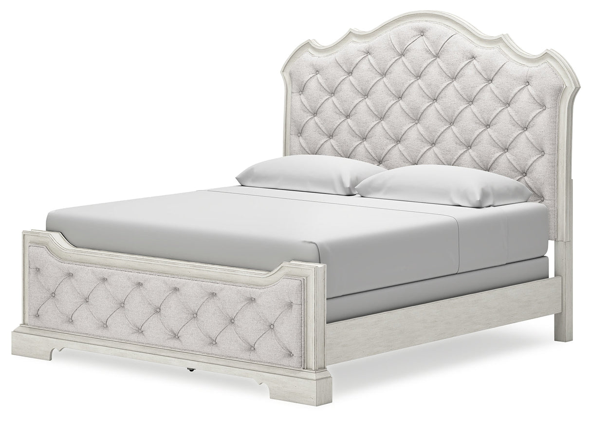 Arlendyne King Upholstered Bed with Mirrored Dresser and Chest in Antique White