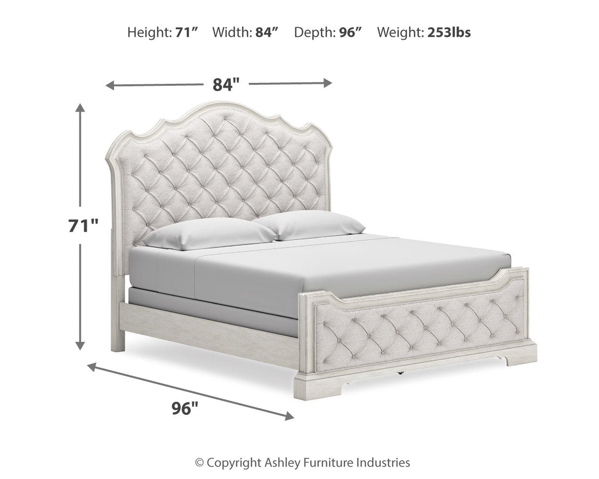 Arlendyne King Upholstered Bed with Mirrored Dresser and Chest in Antique White