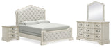 Arlendyne King Upholstered Bed with Mirrored Dresser and Nightstand in Antique White