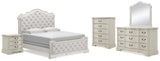 Arlendyne King Upholstered Bed with Mirrored Dresser, Chest and Nightstand in Antique White