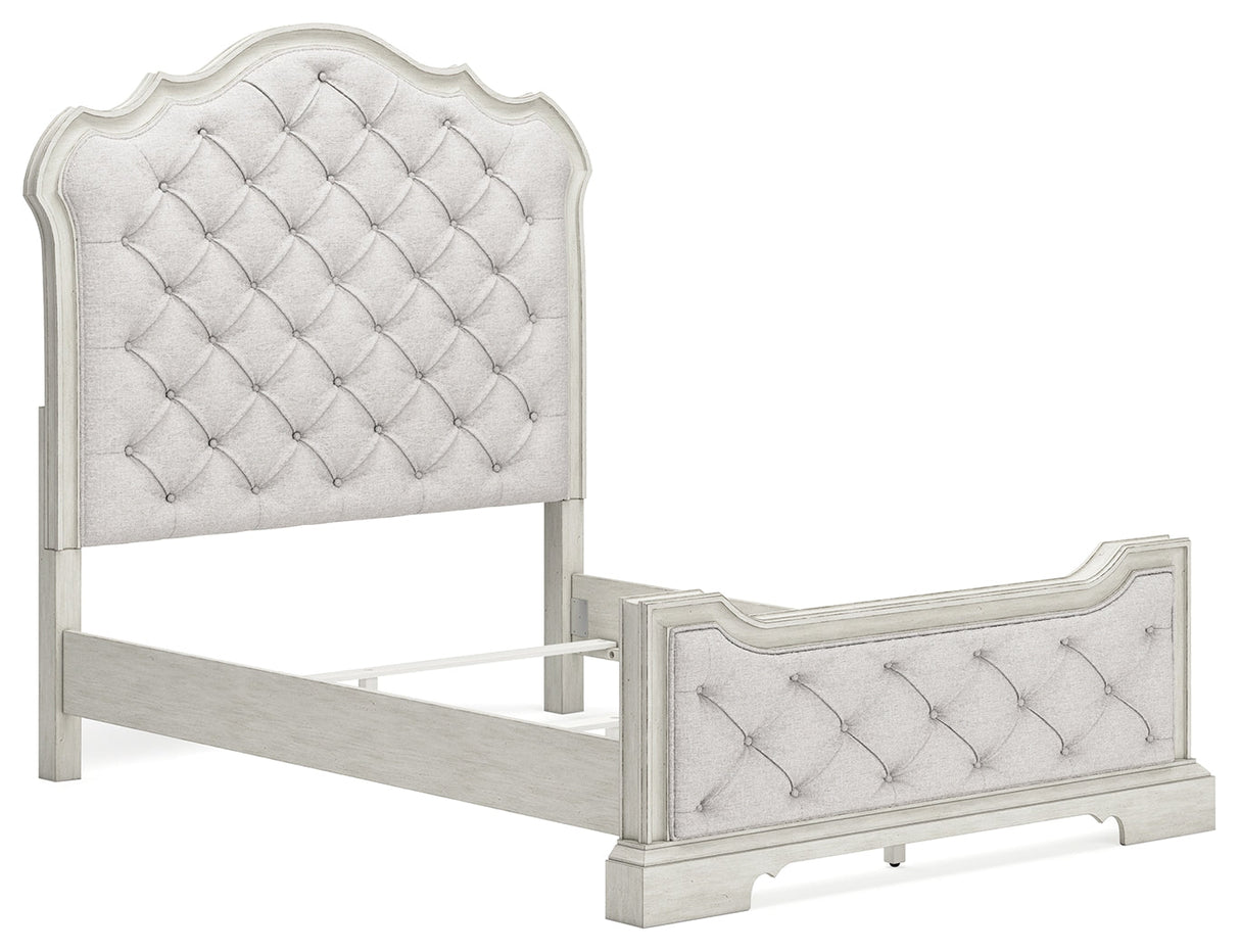 Arlendyne Queen Upholstered Bed with Mirrored Dresser and 2 Nightstands in Antique White