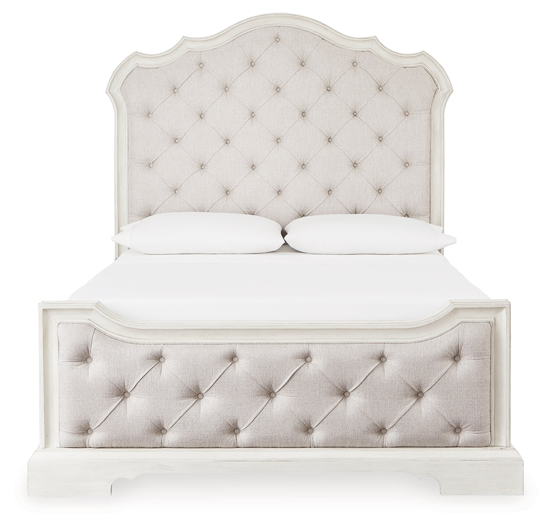 Arlendyne Queen Upholstered Bed with Mirrored Dresser and 2 Nightstands in Antique White