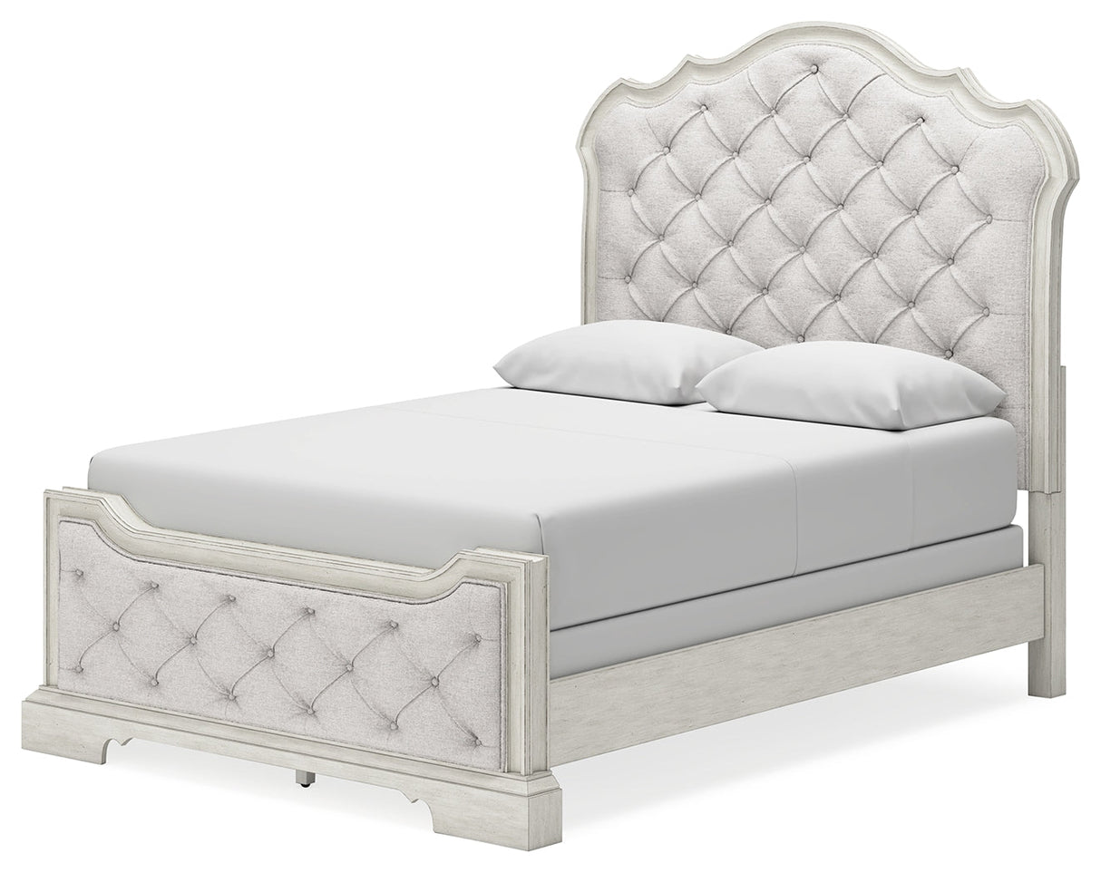 Arlendyne Queen Upholstered Bed with Mirrored Dresser and 2 Nightstands in Antique White