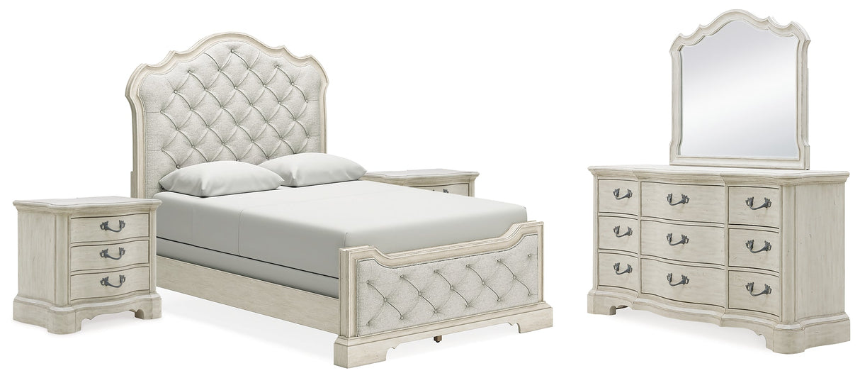 Arlendyne Queen Upholstered Bed with Mirrored Dresser and 2 Nightstands in Antique White