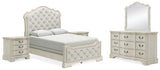 Arlendyne Queen Upholstered Bed with Mirrored Dresser and 2 Nightstands in Antique White