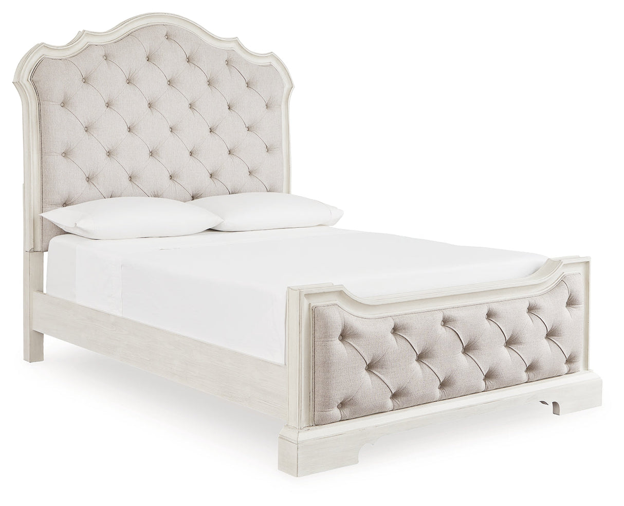 Arlendyne Queen Upholstered Bed with Mirrored Dresser and 2 Nightstands in Antique White