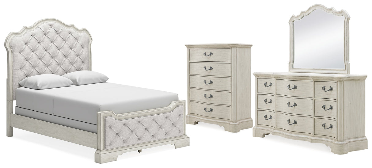 Arlendyne Queen Upholstered Bed with Mirrored Dresser and Chest in Antique White