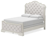 Arlendyne Queen Upholstered Bed with Mirrored Dresser and Chest in Antique White