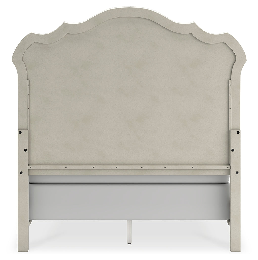 Arlendyne Queen Upholstered Bed with Mirrored Dresser and Chest in Antique White