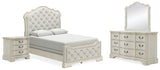 Arlendyne Queen Upholstered Bed with Mirrored Dresser and Nightstand in Antique White