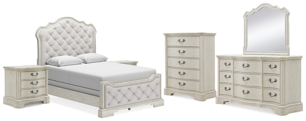 Arlendyne Queen Upholstered Bed with Mirrored Dresser, Chest and 2 Nightstands in Antique White