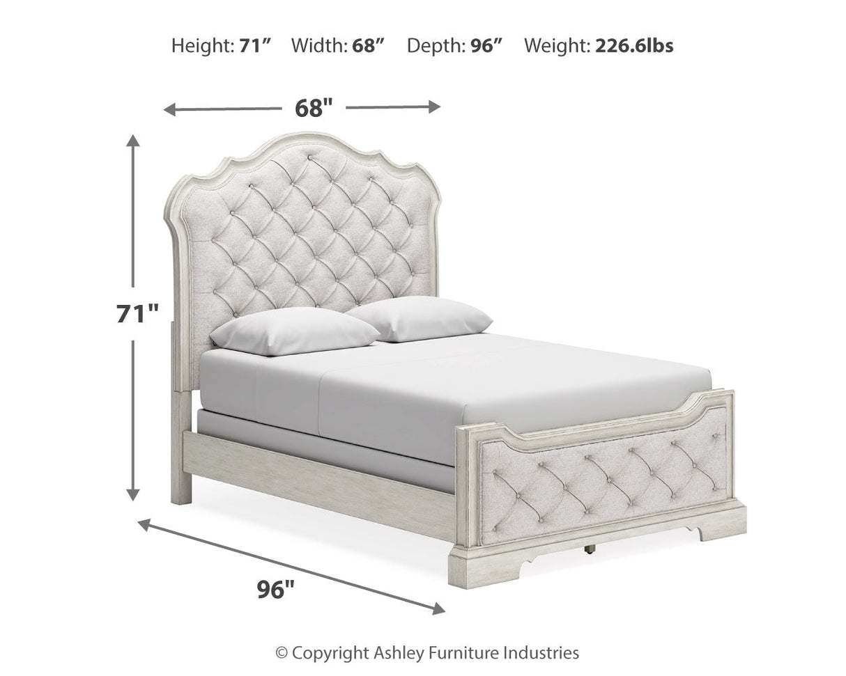 Arlendyne Queen Upholstered Bed with Mirrored Dresser, Chest and 2 Nightstands in Antique White