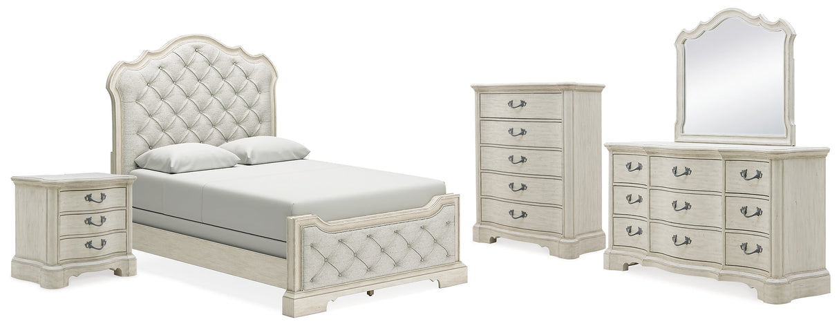 Arlendyne Queen Upholstered Bed with Mirrored Dresser, Chest and Nightstand in Antique White