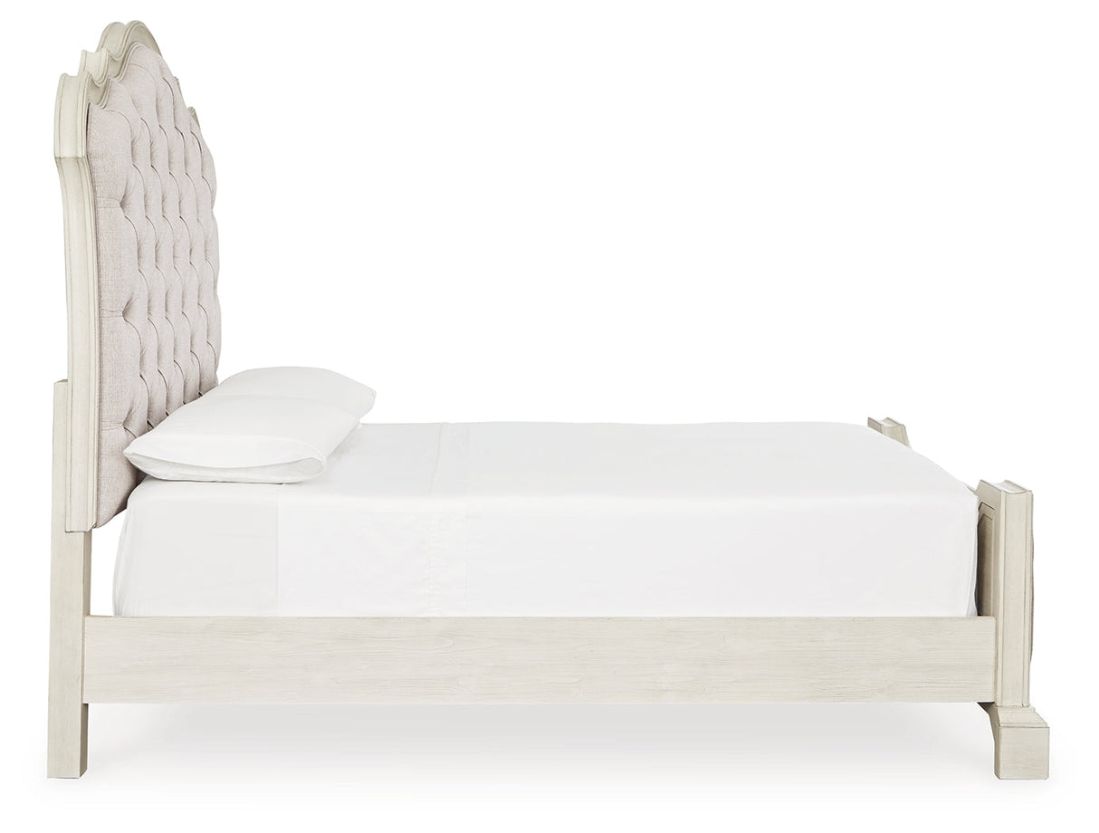 Arlendyne Queen Upholstered Bed with Mirrored Dresser, Chest and Nightstand in Antique White