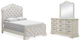 Arlendyne Queen Upholstered Bed with Mirrored Dresser in Antique White