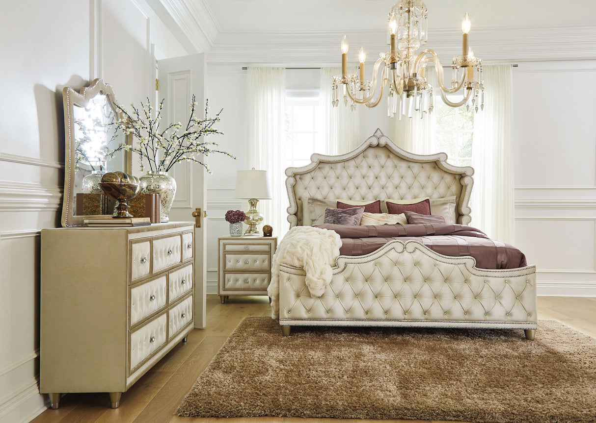 Antonella Ivory/Camel 4-Piece Upholstered Tufted Queen Bedroom Set by Coaster at Eve Furniture