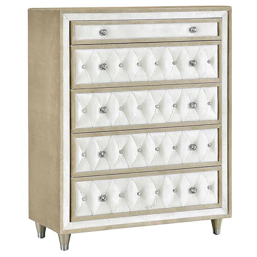 Antonella Ivory/Camel 5-Piece Upholstered Tufted Queen Bedroom Set by Coaster at Eve Furniture