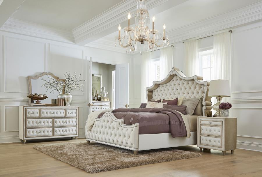 Antonella Ivory/Camel 5-Piece Upholstered Tufted Queen Bedroom Set by Coaster at Eve Furniture