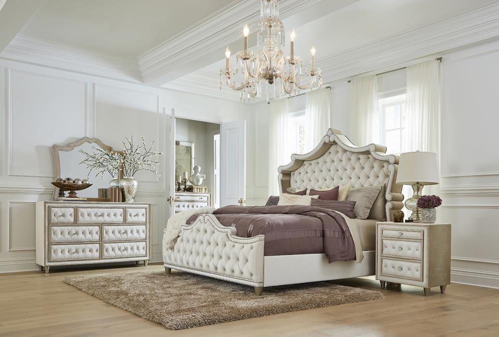 Antonella Ivory/Camel 4-Piece Upholstered Tufted Eastern King Bedroom Set