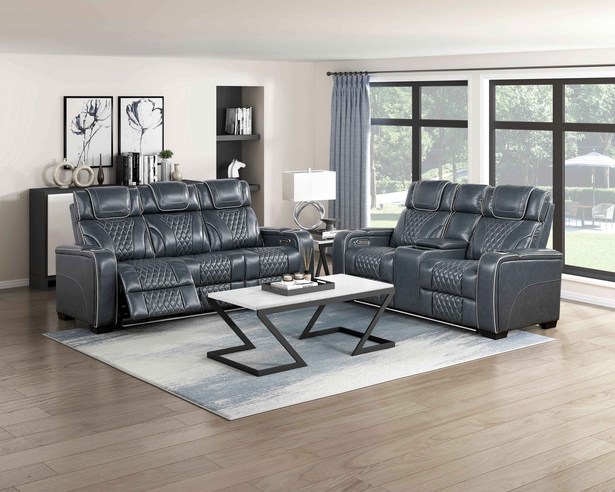 Apex Blue 3-Piece Leather Power Reclining Living Room Sets by Homelegance at Eve Furniture