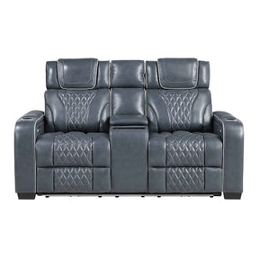 Apex Blue Leather Power Double Reclining Loveseat by Homelegance at Eve Furniture