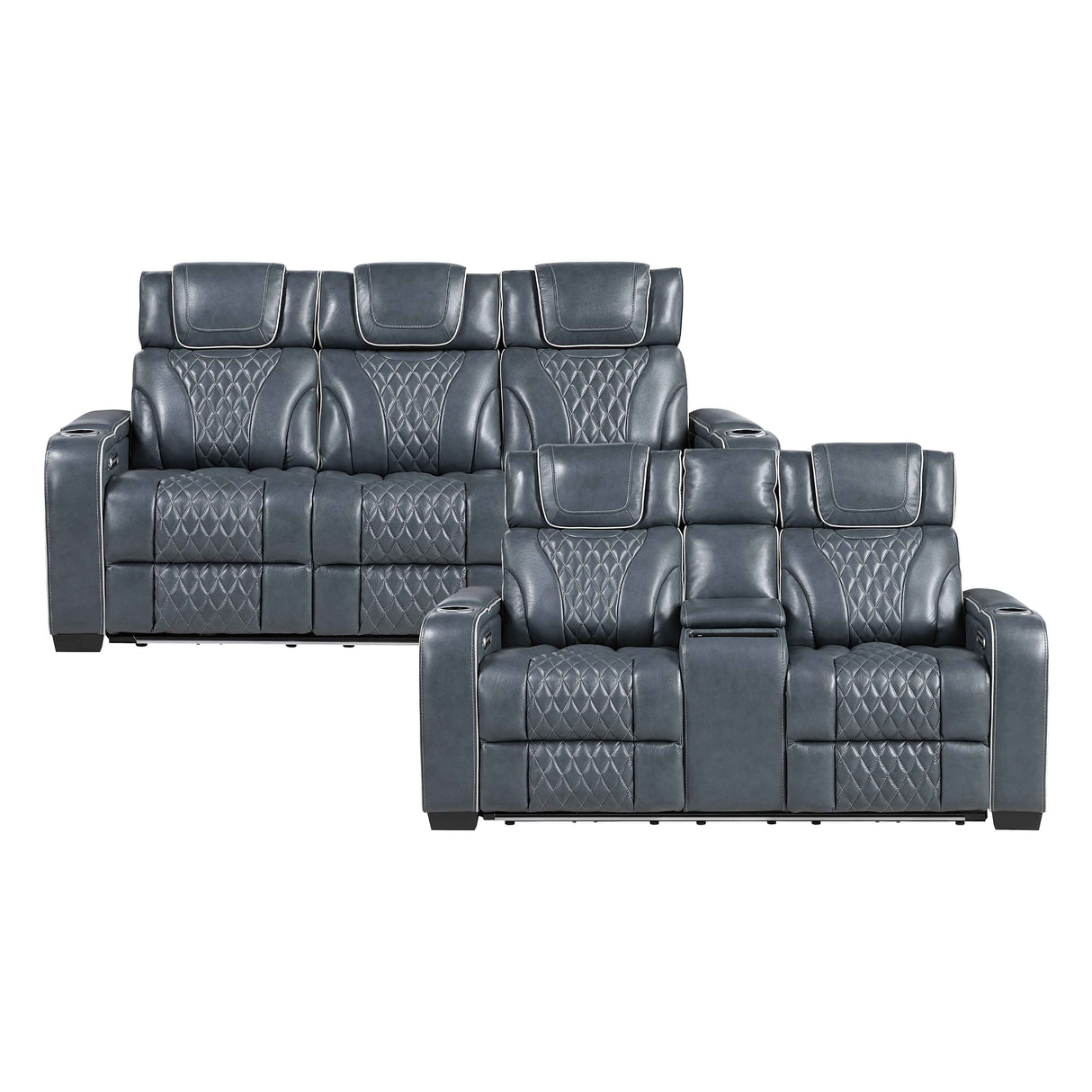 Apex Blue Leather Power Double Reclining Sofa by Homelegance at Eve Furniture