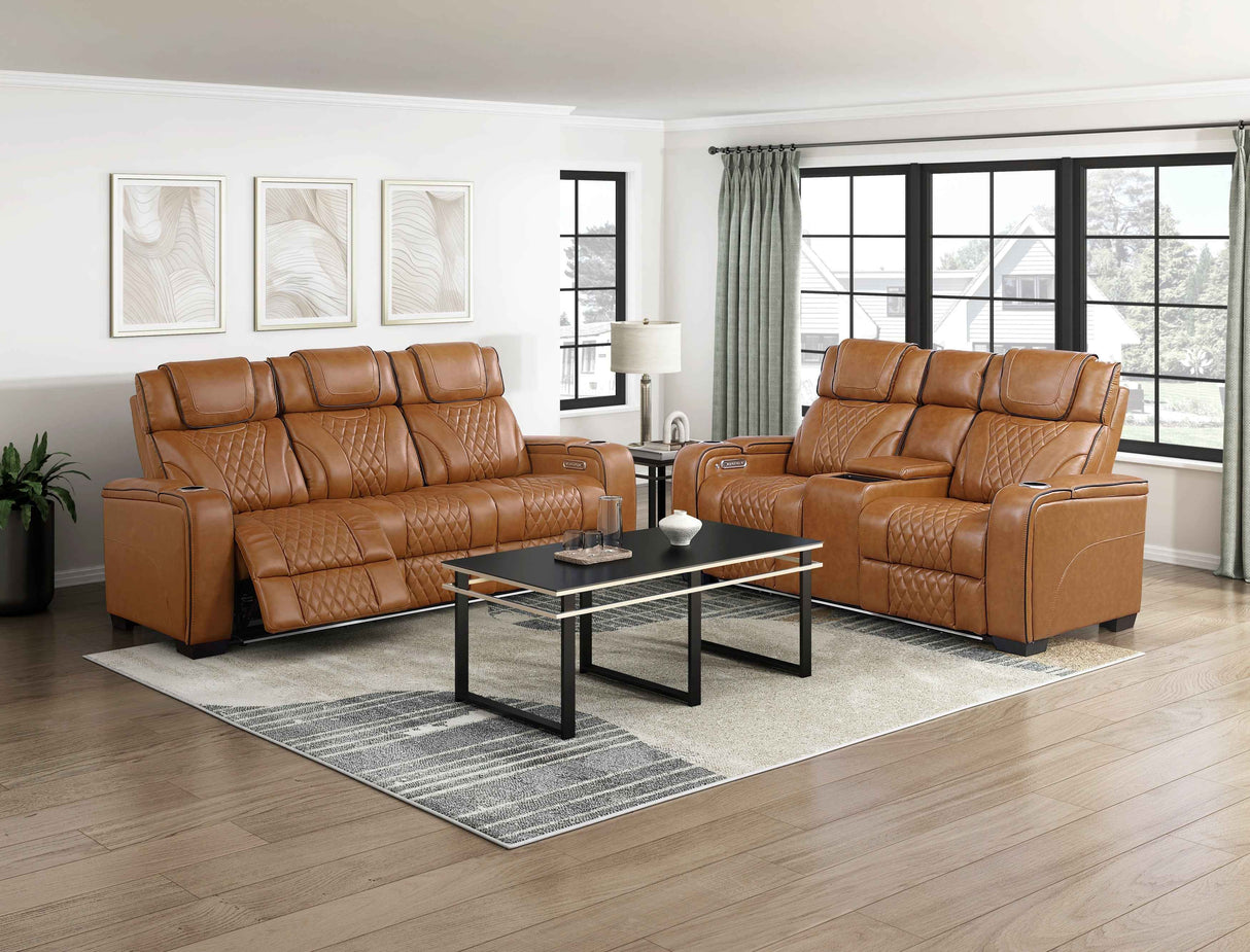 Apex Brown Leather Power Double Reclining Sofa by Homelegance at Eve Furniture