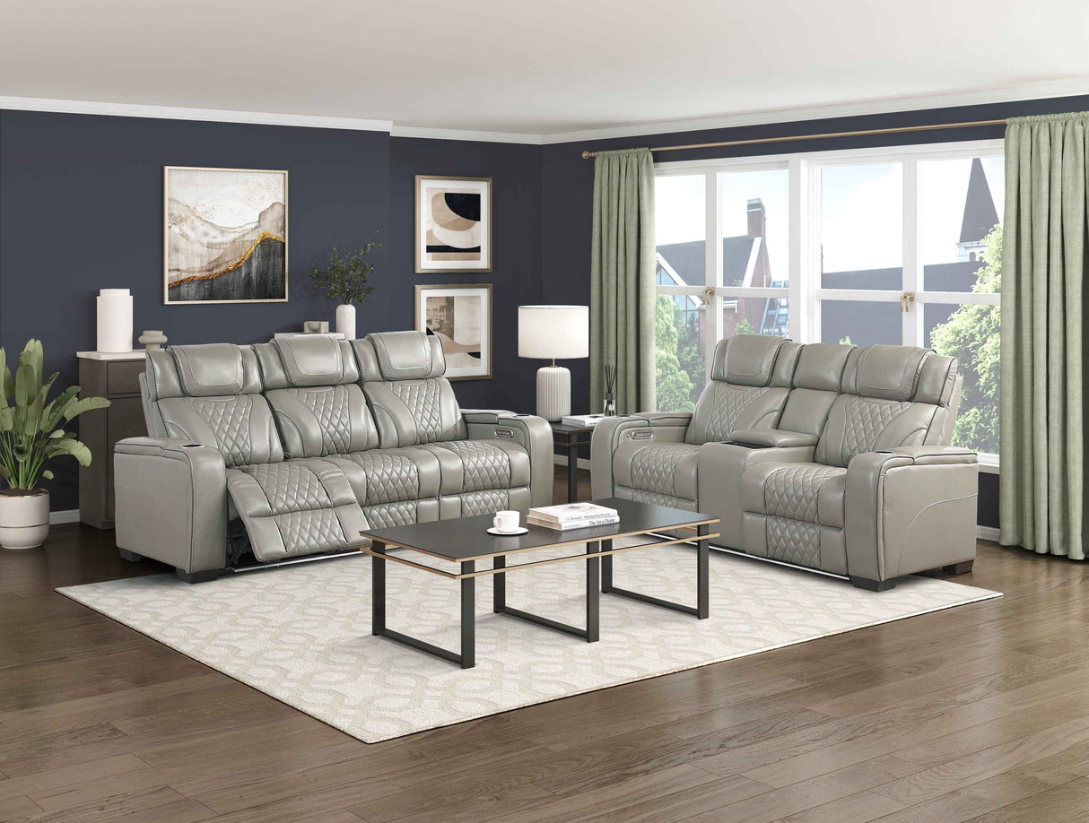 Apex Gray Leather Power Double Reclining Sofa by Homelegance at Eve Furniture