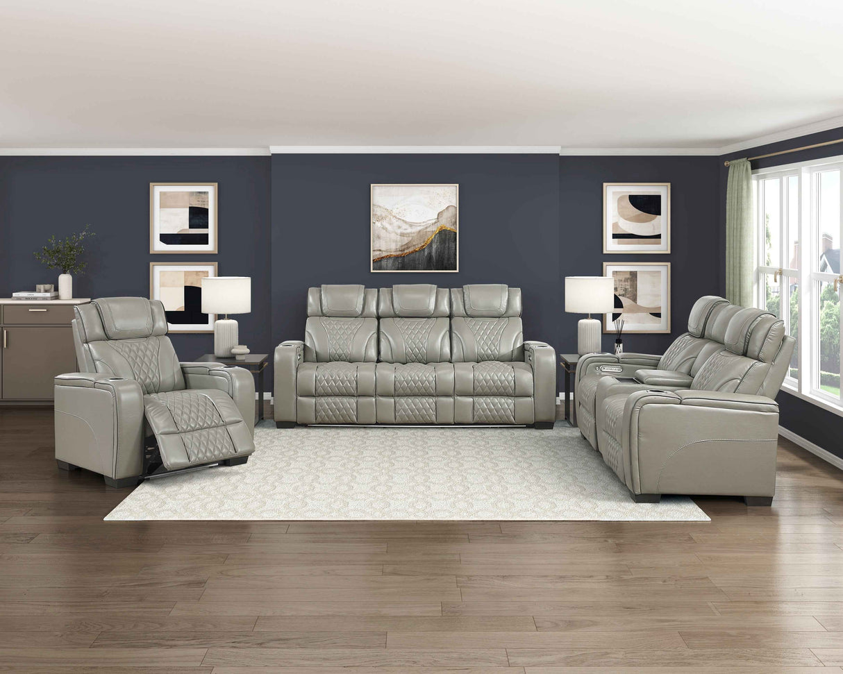 Apex Gray Leather Power Double Reclining Sofa by Homelegance at Eve Furniture