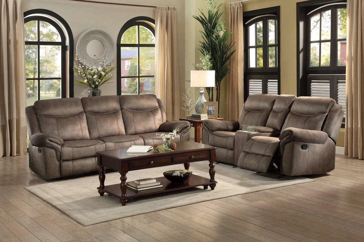 Aram Brown Fabric Double Glider Reclining Loveseat with Center Console, Receptacles and USB Ports by Homelegance at Eve Furniture