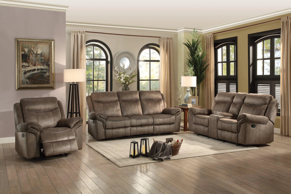Aram Brown Fabric Double Glider Reclining Loveseat with Center Console, Receptacles and USB Ports by Homelegance at Eve Furniture