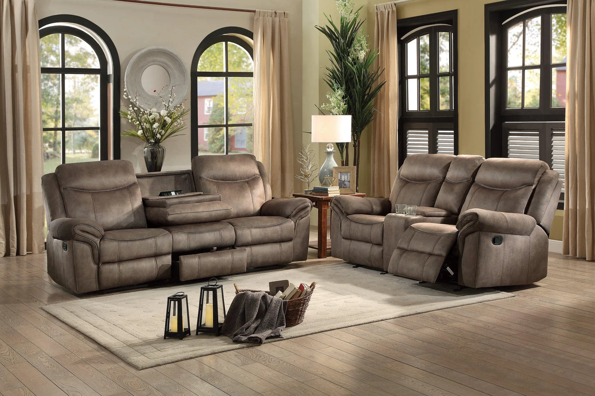 Aram Brown Fabric Double Glider Reclining Loveseat with Center Console, Receptacles and USB Ports by Homelegance at Eve Furniture