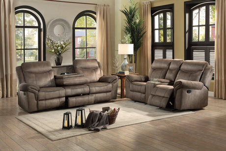 Aram Brown Fabric Double Glider Reclining Loveseat with Center Console, Receptacles and USB Ports by Homelegance at Eve Furniture