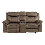 Aram Brown Fabric Double Glider Reclining Loveseat with Center Console, Receptacles and USB Ports by Homelegance at Eve Furniture