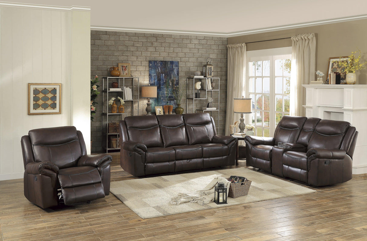 Aram Dark Brown Faux Leather Double Glider Reclining Loveseat with Center Console, Receptacles and USB Ports by Homelegance at Eve Furniture