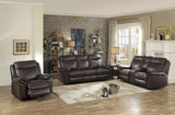 Aram Dark Brown Faux Leather Double Glider Reclining Loveseat with Center Console, Receptacles and USB Ports by Homelegance at Eve Furniture