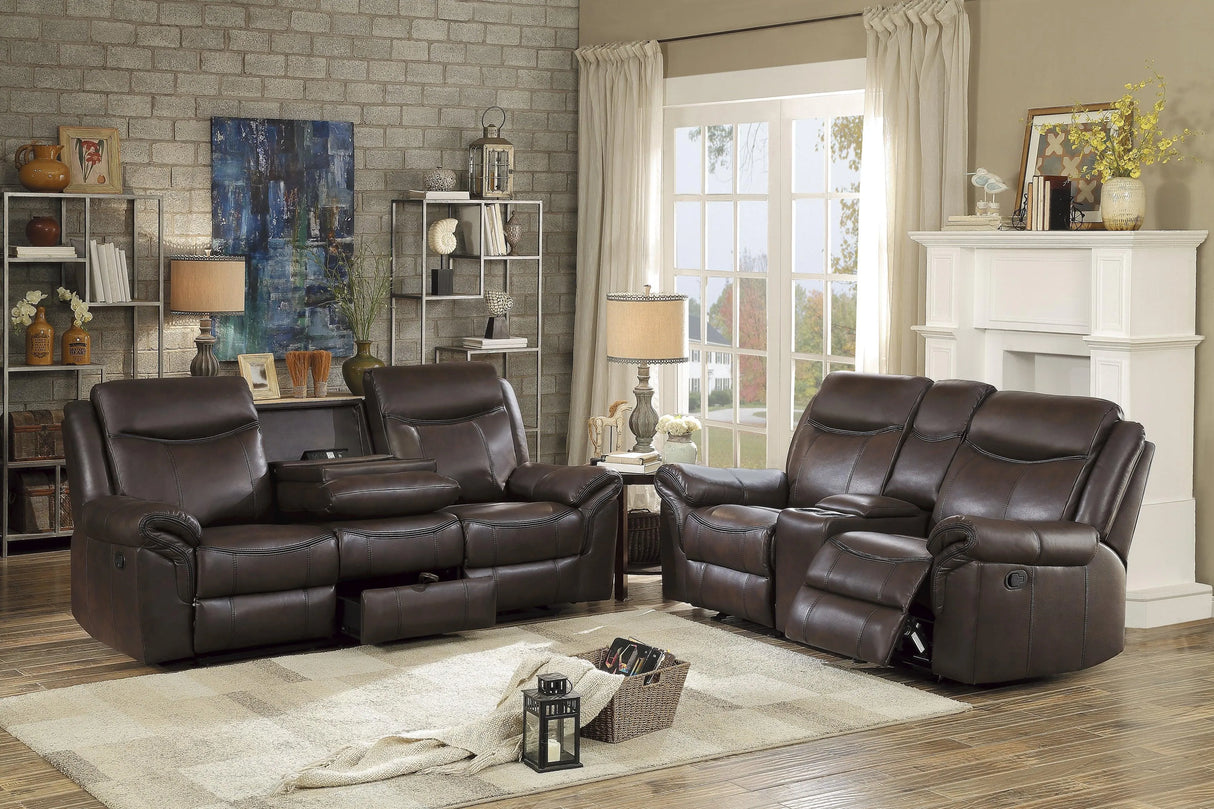 Aram Dark Brown Faux Leather Double Glider Reclining Loveseat with Center Console, Receptacles and USB Ports by Homelegance at Eve Furniture