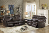 Aram Dark Brown Faux Leather Double Glider Reclining Loveseat with Center Console, Receptacles and USB Ports by Homelegance at Eve Furniture