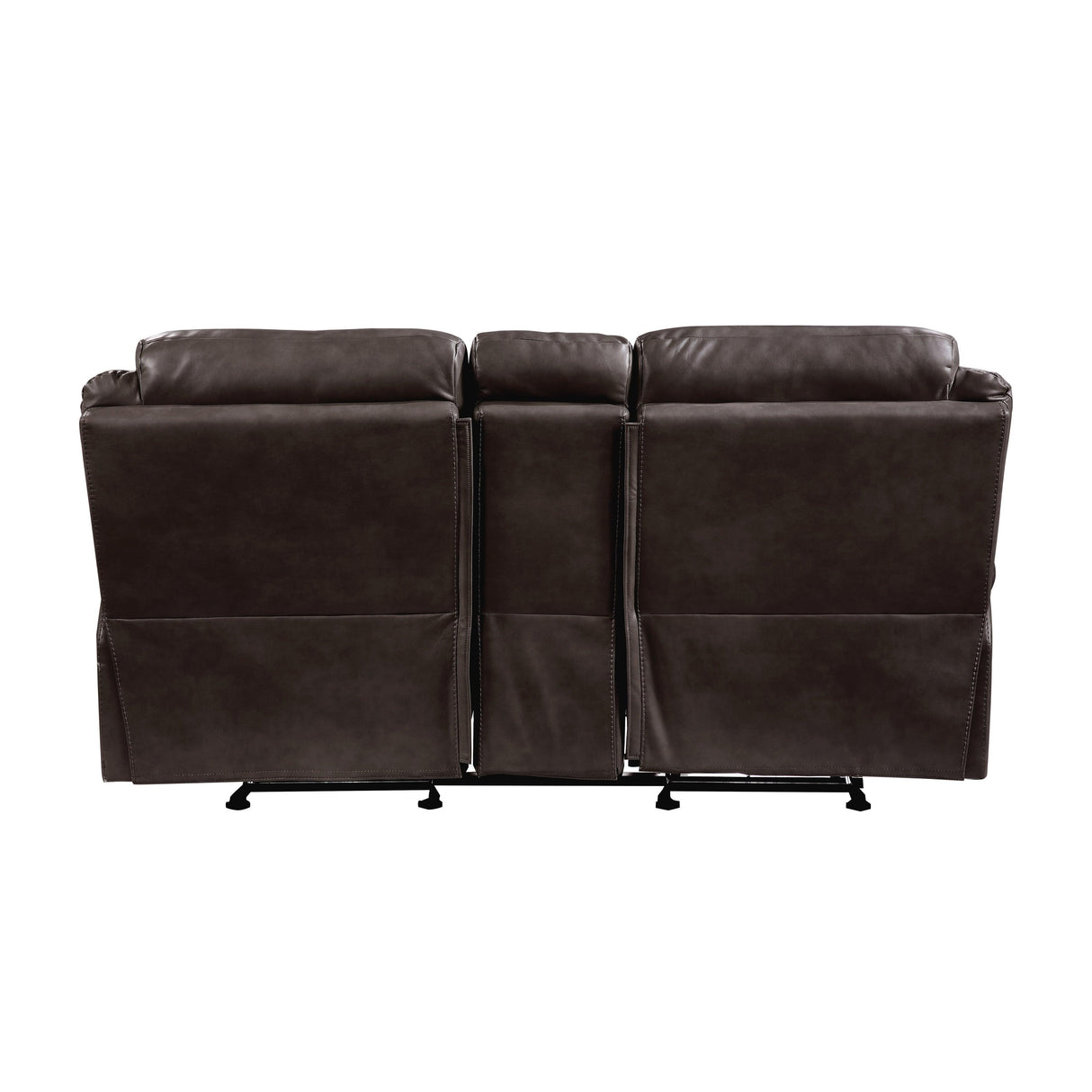 Aram Dark Brown Faux Leather Double Glider Reclining Loveseat with Center Console, Receptacles and USB Ports by Homelegance at Eve Furniture