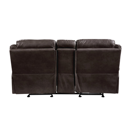 Aram Dark Brown Faux Leather Double Glider Reclining Loveseat with Center Console, Receptacles and USB Ports by Homelegance at Eve Furniture