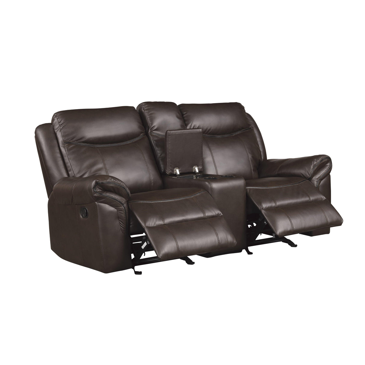 Aram Dark Brown Faux Leather Double Glider Reclining Loveseat with Center Console, Receptacles and USB Ports by Homelegance at Eve Furniture